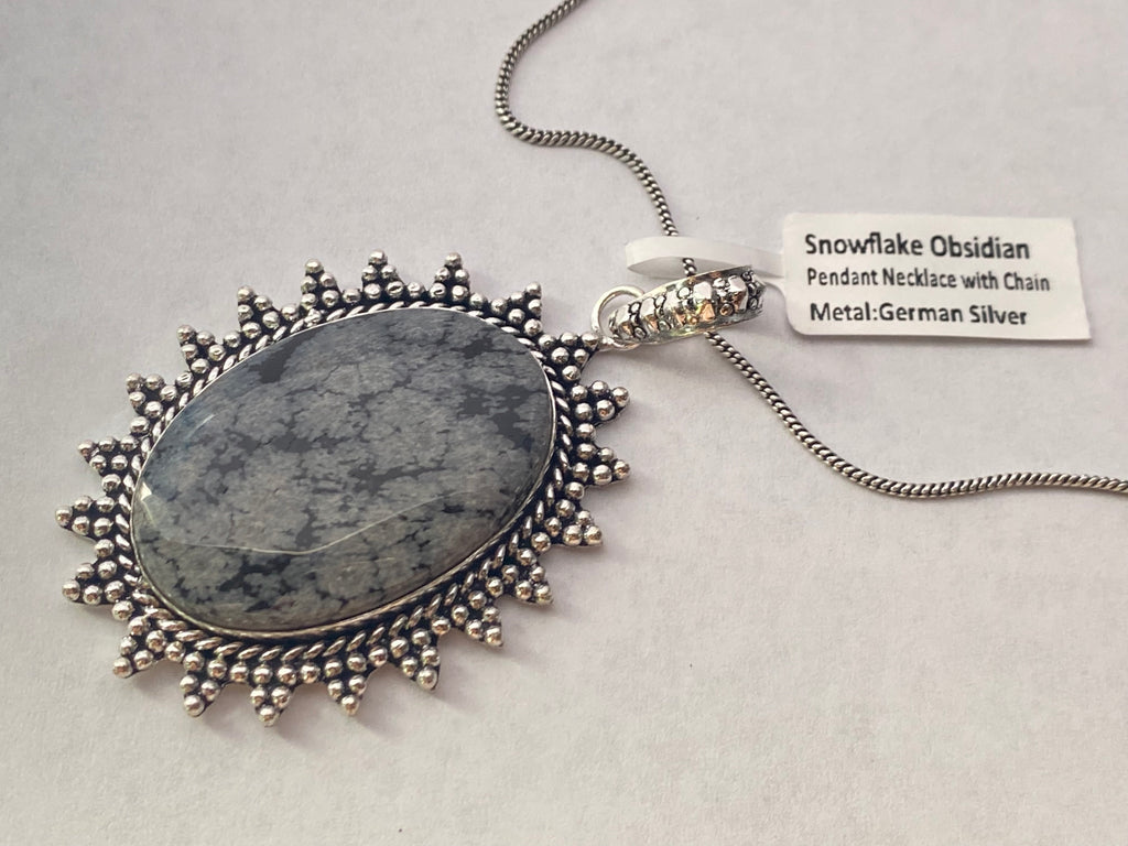Snowflake Obsidian Pendant with Chain | German Silver