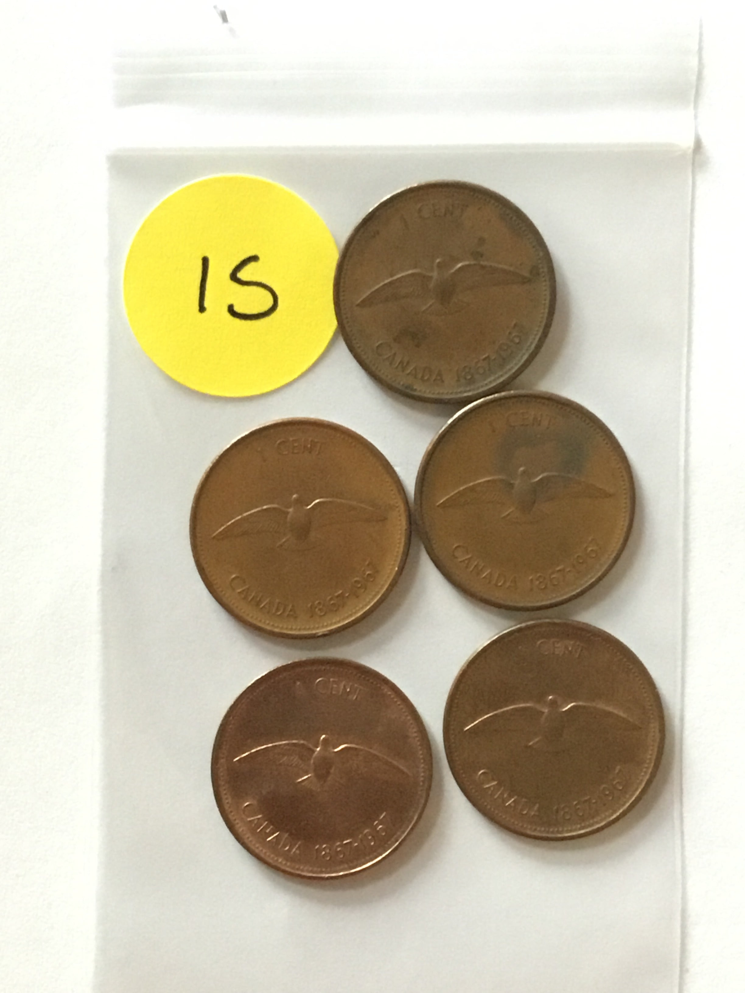 Five 1967 Canada Centennial dove cents, obverse, LVC-015 Lot C