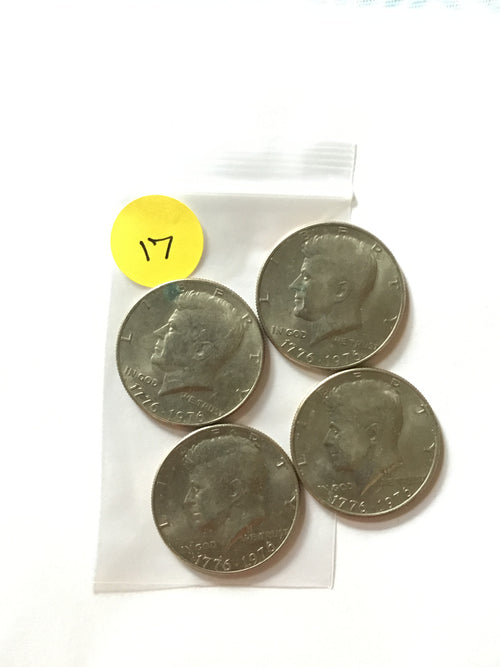 Four 1776-1976 Kennedy Bicentennial half dollars, obverse, LVC-017 Lot B
