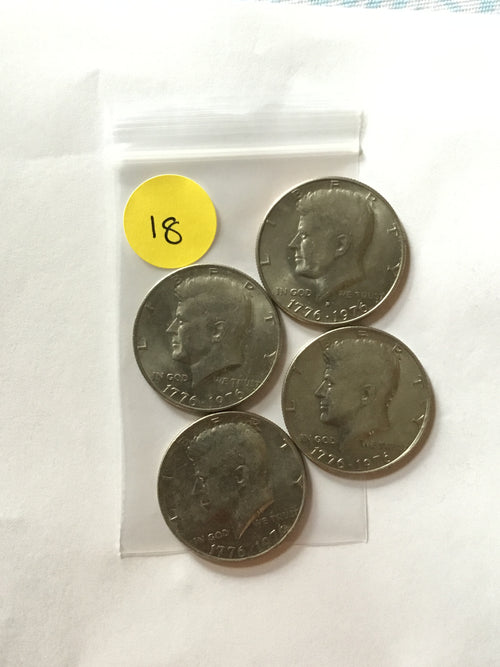 Four 1776-1976 Kennedy Bicentennial half dollars, obverse, LVC-018 Lot C